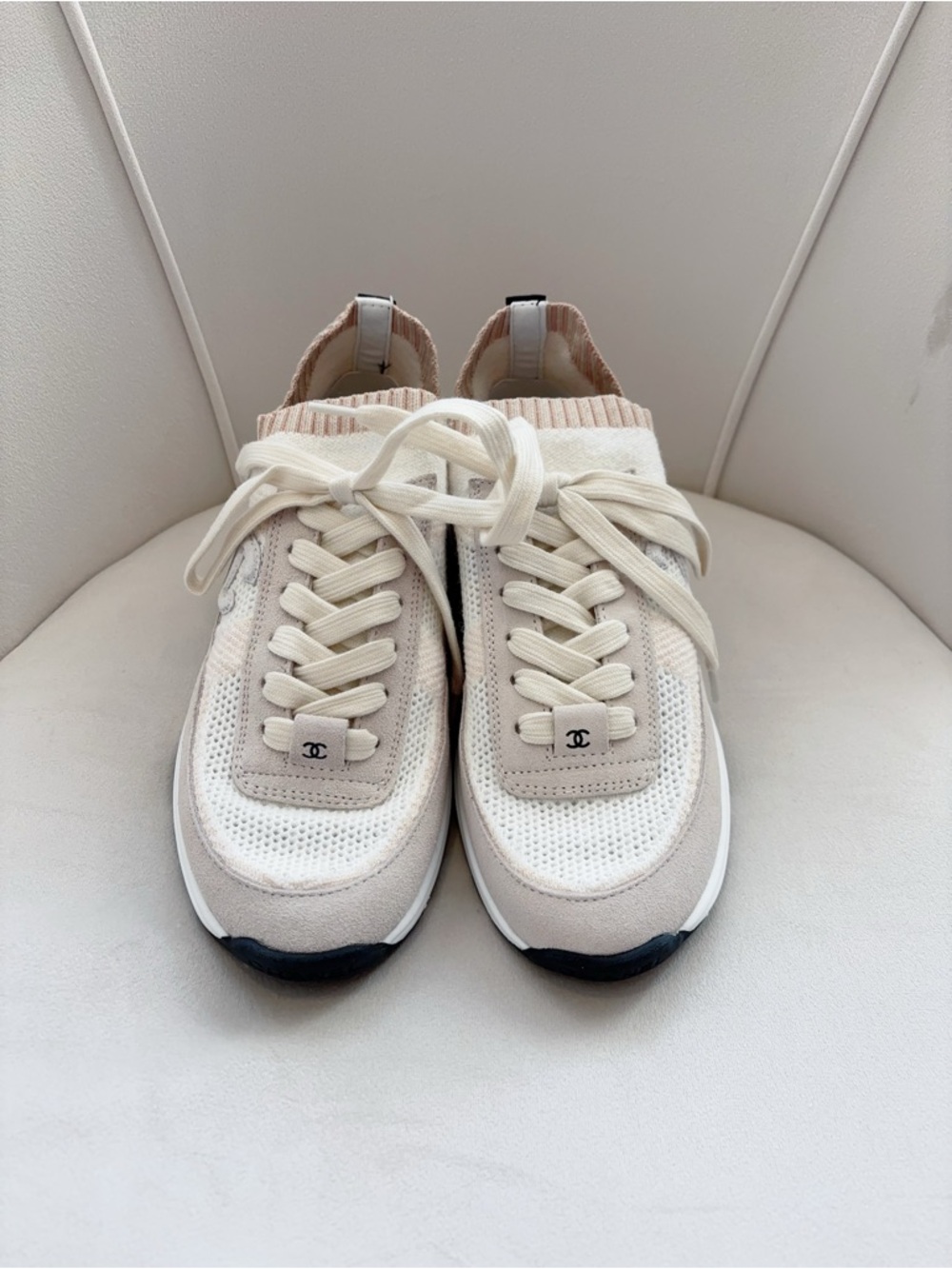Chanel Beige & White Knit Runner Sneakers